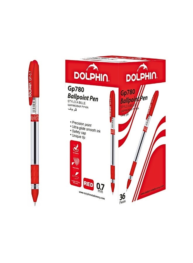 دولفين أقلام حبر جاف دولفين GP780 مقاس 0.7 مم – كتابة ناعمة بحبر أحمر، أقلام مريحة للمكتب والمدرسة، عبوة 36 قلم - Image 1